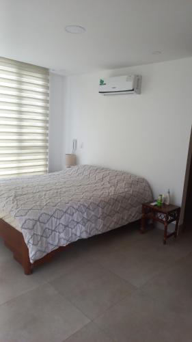 萨利纳斯Chipipe Salinas的白色客房内的一张床位,配有西德西德丝绸床