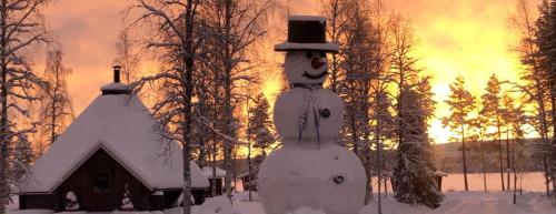 Sonka帕罗意罗马可山林小屋的雪中房子前面的雪人