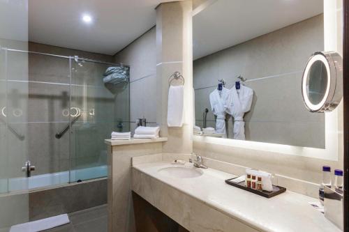 波哥大Sheraton Bogotá Hotel的一间带水槽、淋浴和镜子的浴室