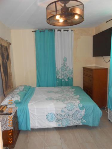 太子港Gustave Vacation House的一间卧室配有一张带蓝色窗帘的床和电视。