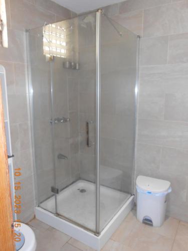 太子港Gustave Vacation House的浴室里设有玻璃门淋浴