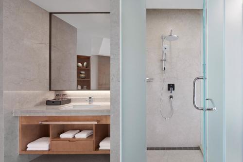 绍兴绍兴余坤喜来登酒店				的浴室配有盥洗盆和带镜子的淋浴