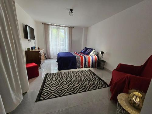 莫尔比耶Appartement T2 bis à morbier的一间卧室配有床、沙发和地毯。