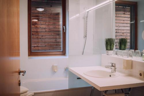 施勒肯Apartment Auenfeld的白色的浴室设有水槽和淋浴。
