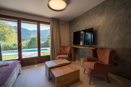 卡尔派尼西翁Evritos Villas & Suites with pool的一间酒店客房,配有一张床、一台电视和一张桌子