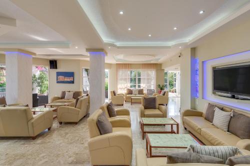 塞奥洛戈斯尼瓦纳海滩酒店的带沙发和平板电视的等候室