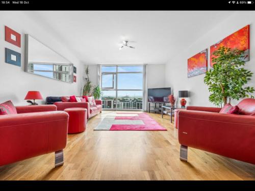 卡迪夫Stunning Spacious City Apartment with free parking的客厅配有红色沙发和电视