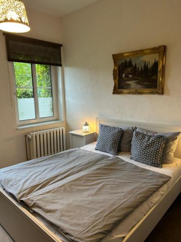 巴特多布兰Gästehaus Kleiner Wacholder的一间卧室配有一张大床和两个枕头
