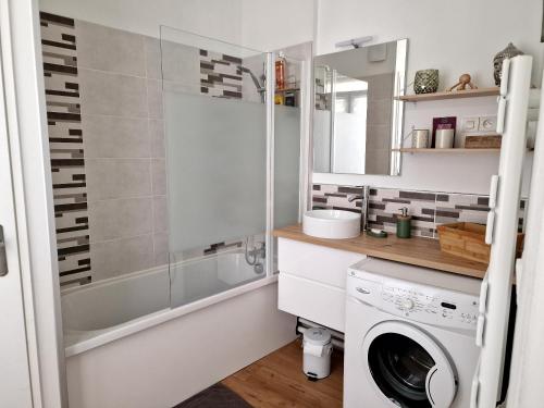敦刻尔克Appartement Dunkerque的一间带洗衣机和镜子的浴室