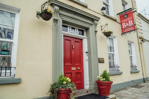 邓甘嫩Charlemont House的一座种植盆栽植物的建筑上的红门