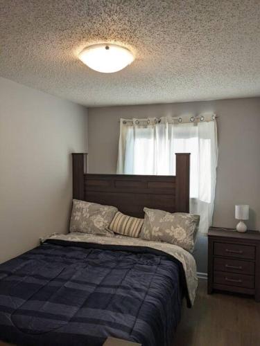 萨斯卡通Bi-Level Suite in Saskatoon的一间卧室配有一张带蓝色毯子的床和窗户。