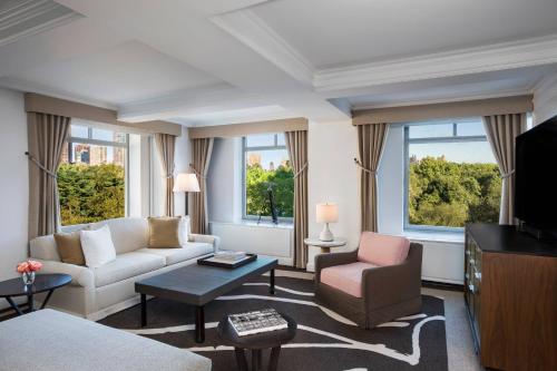 纽约纽约中央公园丽思卡尔顿酒店的带沙发、椅子和窗户的客厅