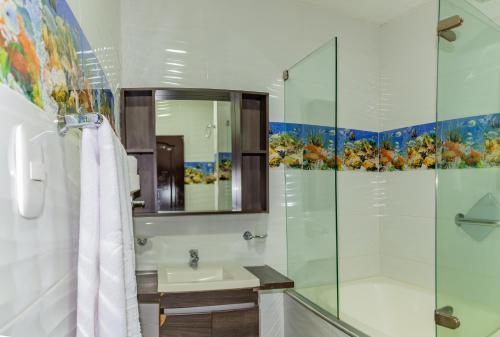 圣玛尔塔Hotel Medellín Rodadero的带淋浴、盥洗盆和镜子的浴室
