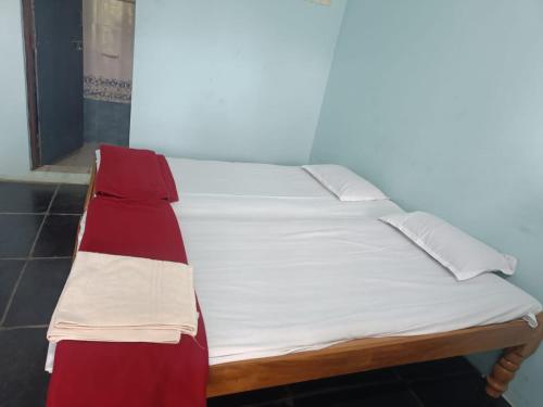 亨比Best Home stay Hampi Anegundi的一张位于房间的床,配有白色和红色床单