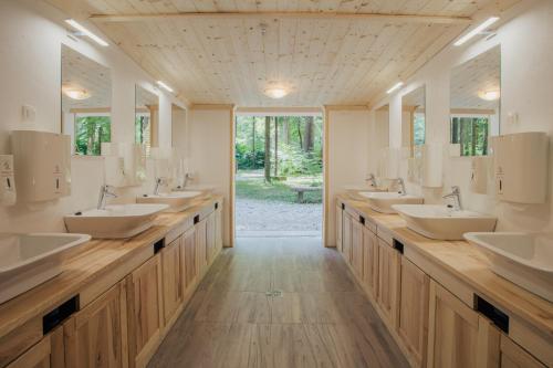 莫济列Forest Camping Mozirje的浴室设有一排盥洗盆和镜子