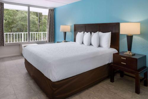 金斯兰Travelodge by Wyndham Kingsland GA的一间卧室设有一张大床和一个大窗户