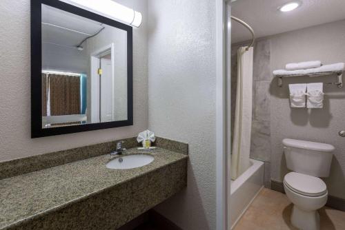 金斯兰Travelodge by Wyndham Kingsland GA的一间带水槽、卫生间和镜子的浴室