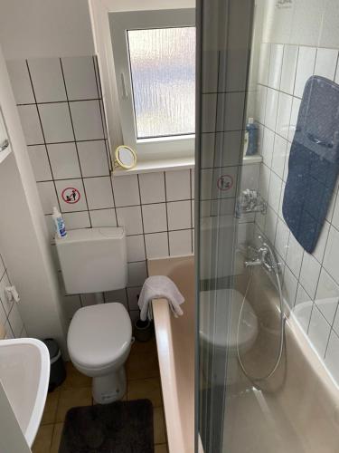 多特蒙德Schöne 2,5 Zimmer Wohnung in Dortmund-Hörde Phönix!的一间带卫生间和淋浴的小浴室