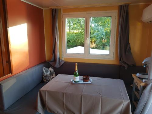 圣让德洛讷Cottage flottant Saint Jean de Losne option jacuzzi的窗户客房内的桌子上摆放着一瓶香槟