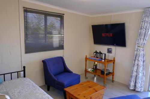 VredenburgBlue Sky Retreat的一间卧室配有蓝色椅子和电视