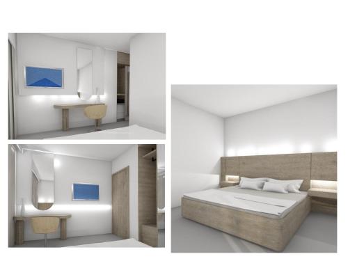 科斯镇考拉酒店的一张床位和一张书桌,卧室的两张图片