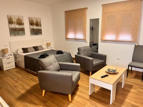 阿尔奇多纳Apartamentos El PELIGRO 2 LAHIVE的一间卧室配有一张床、两把椅子和一张桌子