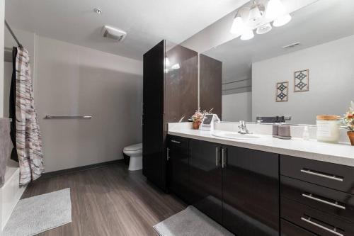 圣安娜Private, Modern Luxury 2 Bd/ 2 Ba的一间带水槽、卫生间和镜子的浴室