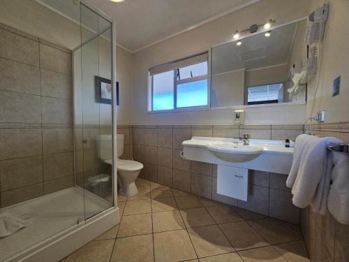 陶波奥克斯汽车旅馆的一间带水槽和淋浴的浴室