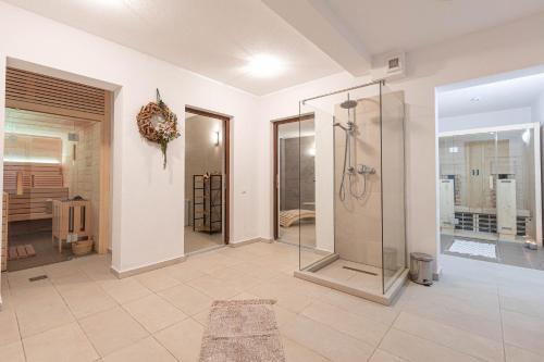 RemeteaVeranda Panzio的一间带步入式淋浴间和玻璃淋浴间的浴室
