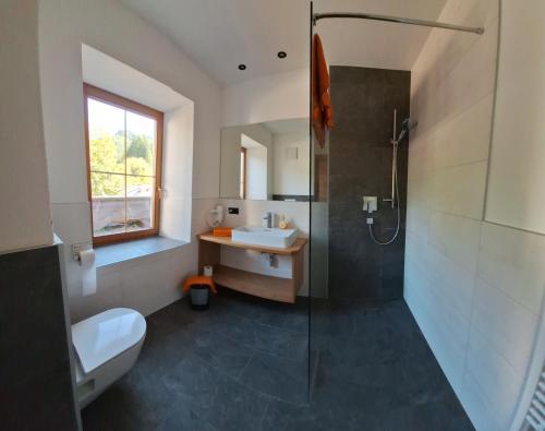 阿亨基希Gasthaus Marie的带淋浴、盥洗盆和卫生间的浴室