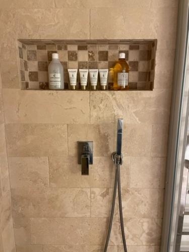 戛纳戛纳阁楼公寓的浴室设有位于架子上的带瓶子的淋浴