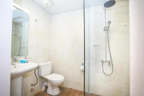 第比利斯Beaumonde Hotel Tbilisi的带淋浴、卫生间和盥洗盆的浴室