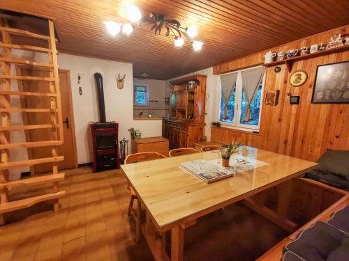 伊利尔斯卡比斯特里察Koča Kresnica的一间带木桌和梯子的用餐室