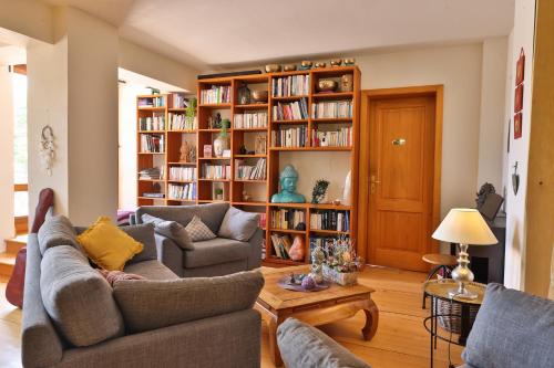 坦嫩基什Le Manoir des Sens - Forêt de Bergheim的客厅设有两张沙发和书架