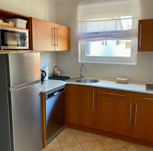 赫维兹Lake Apartment的厨房配有不锈钢冰箱和水槽
