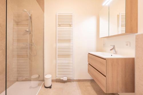 尼乌波特Sailorshouse的带淋浴、盥洗盆和卫生间的浴室