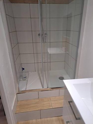 土伦195, studette porte d'Italie rue populaire.的浴室里设有玻璃门淋浴