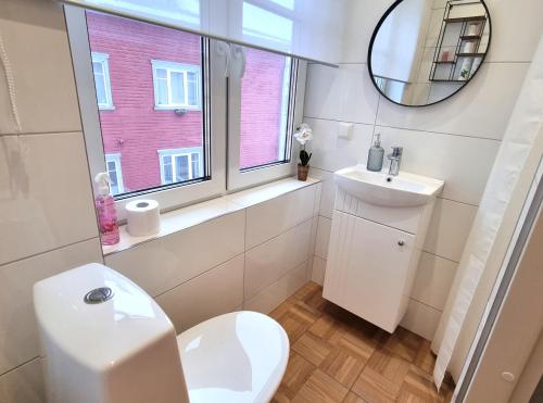 塔林Entire Apartment + 2 Rooms + Self Check-in的一间带卫生间、水槽和窗户的浴室