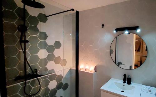 斯特拉斯堡appartement cosy Strasbourg的带淋浴、盥洗盆和镜子的浴室