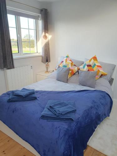 韦克斯福德Adams Lodge的一间卧室配有一张带蓝色床单和枕头的床。