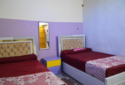 阿斯旺Heissa Hostel的一间卧室配有两张床和镜子