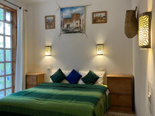 阿加迪尔Paradise Guest House的一间卧室配有绿色的床和2个蓝色枕头