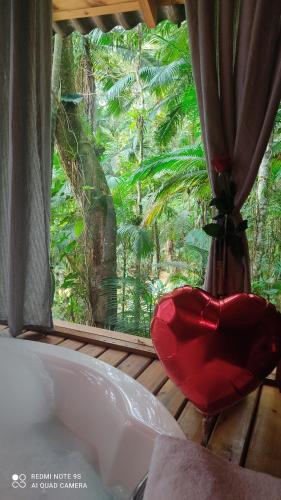 布卢梅瑙Vila Paraíso的浴缸,窗户享有森林美景