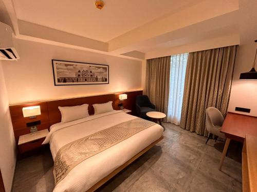 新德里Best Western Maharani Bagh New Delhi的配有一张床和一张书桌的酒店客房