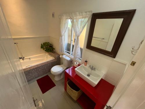 普利登堡湾Baha Sanctuary House - 3 Bedroom House with Pool的一间带卫生间、水槽和镜子的浴室