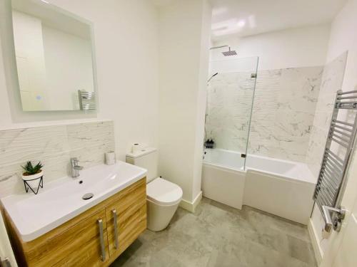 格洛斯特Ten - Central Apartment - Contractors Professionals的一间带水槽、卫生间和淋浴的浴室