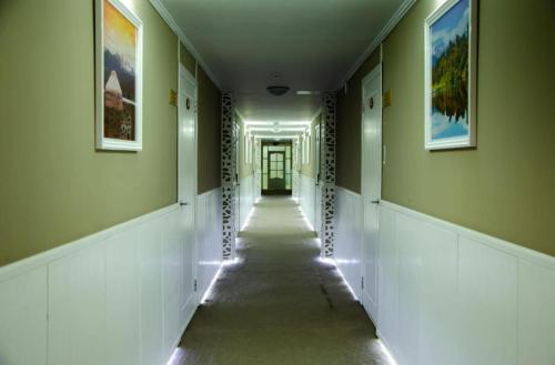 卡拉甘达Tumar Apart Hotel的一条空的走廊,墙上有长长的走廊,上面有绘画作品