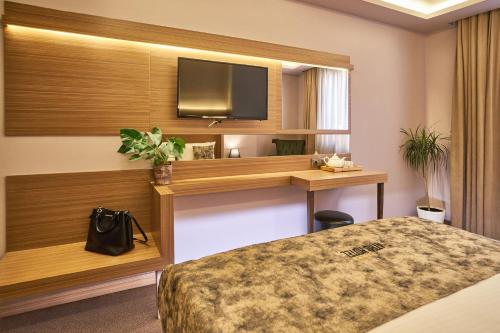 伊斯坦布尔Atro Hotel的配有一张床和一台平面电视的酒店客房