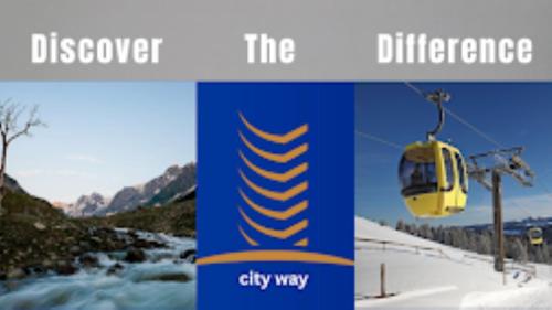 斯利那加Hotel City Way, Srinagar的黄色和蓝色的标志,带有滑雪缆车