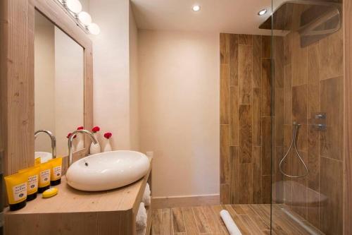 蒂涅Chalet Ambre的浴室配有白色水槽和淋浴。